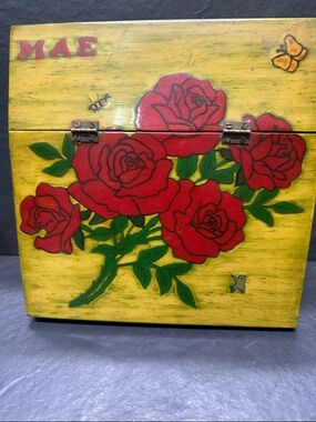 Hand-Painted Floral Wooden Box - Red Roses on Yellow